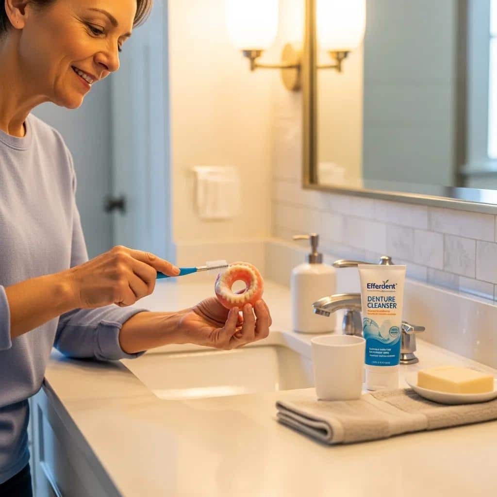 Person cleaning dentures with a soft brush and non-abrasive cleanser at a bathroom sink