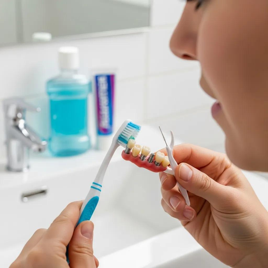 Person performing daily maintenance on dental implants with a toothbrush and interdental brushes