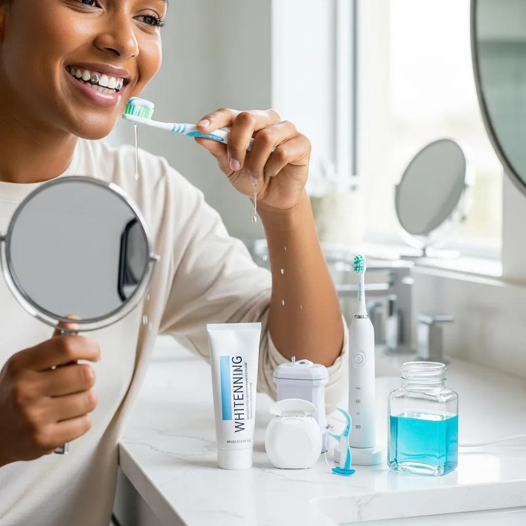 Person practicing dental care for crowns and veneers in a bright bathroom