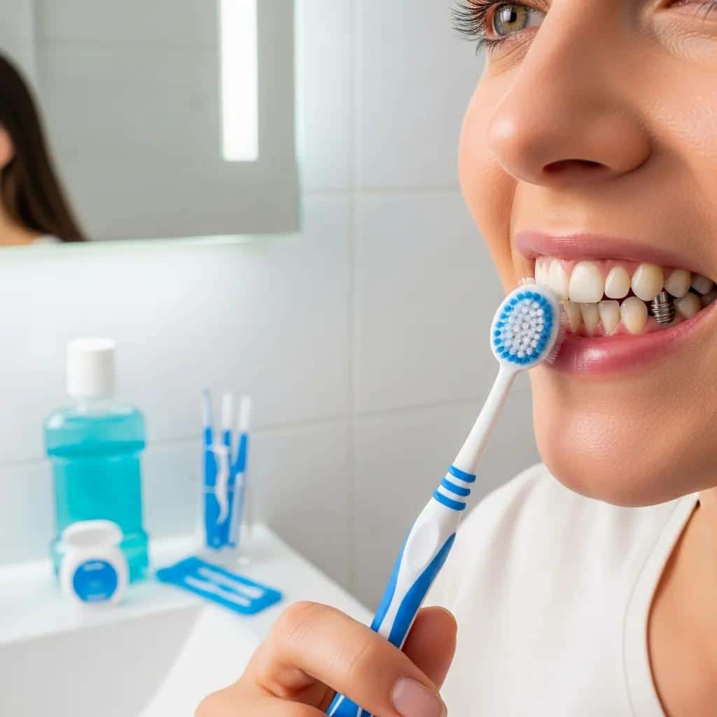Person brushing gently around an implant with a soft toothbrush