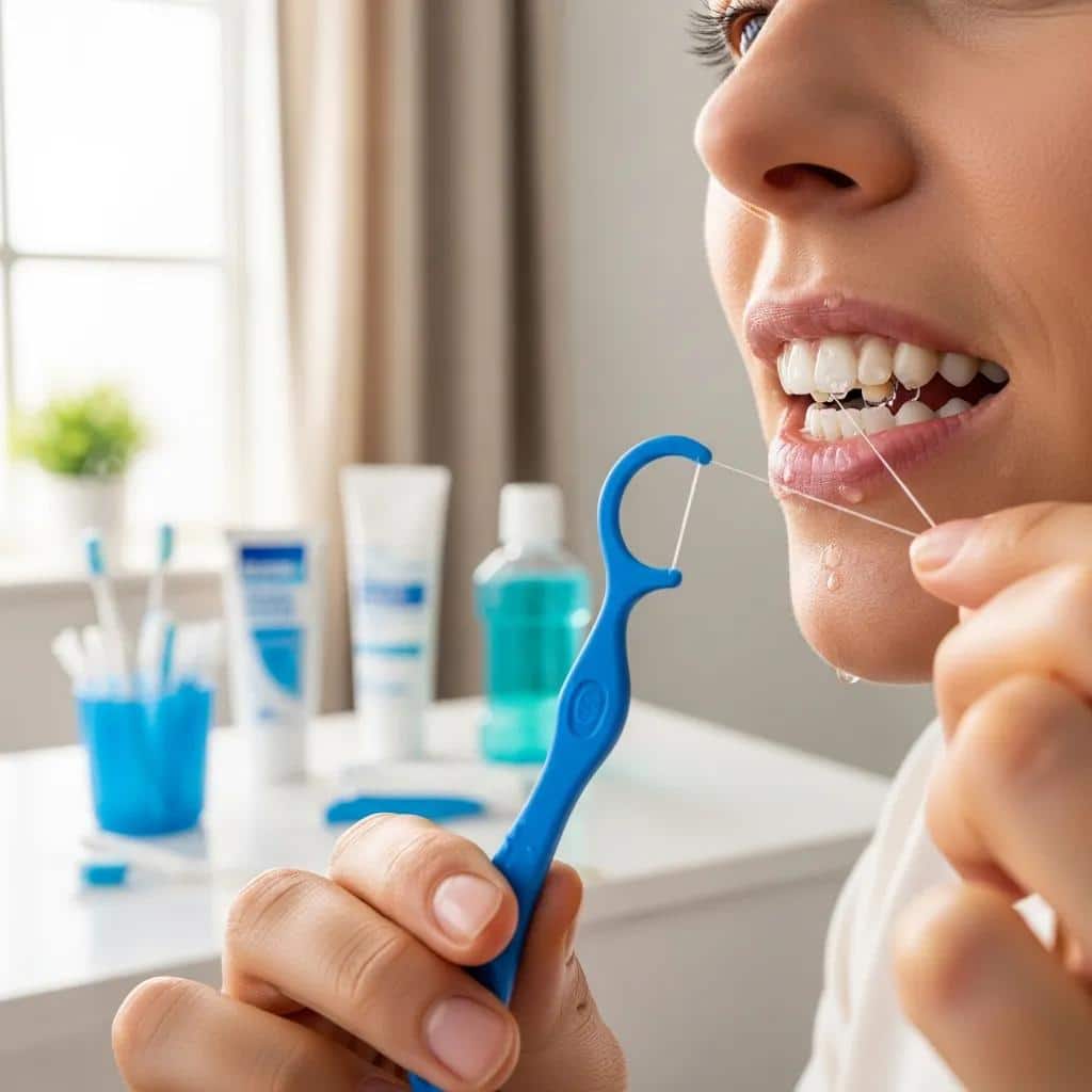 Person brushing and flossing around a dental bridge in a bright bathroom