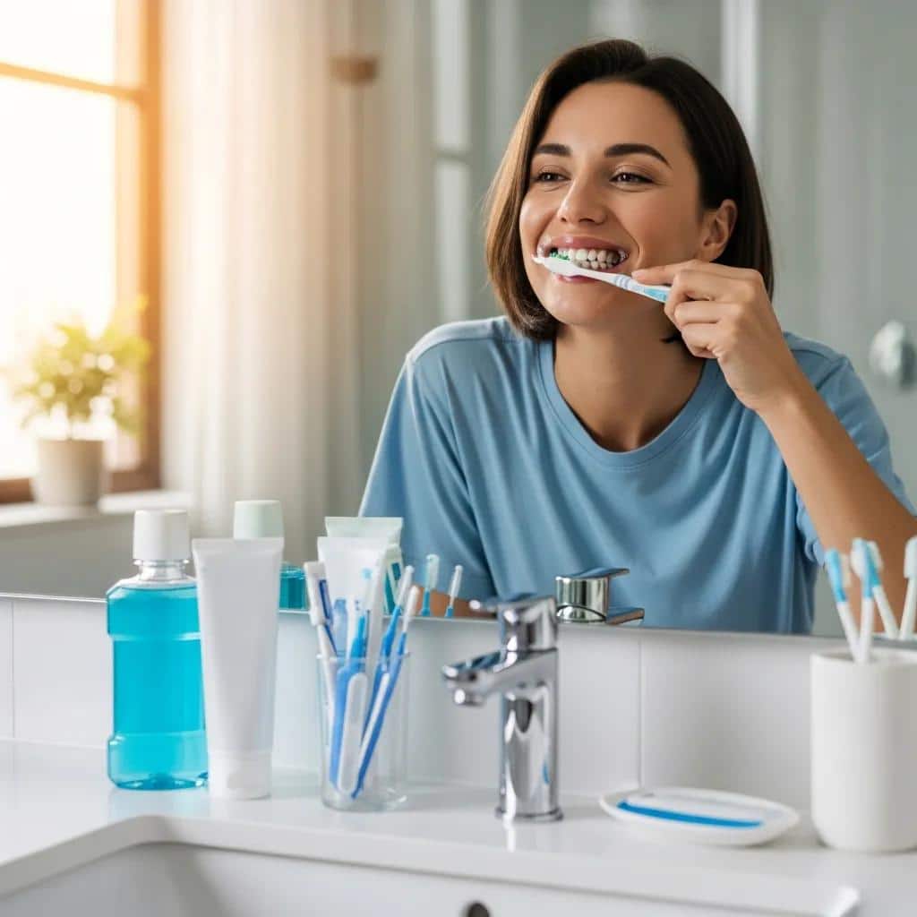 Person practicing oral hygiene with a focus on maintaining a dental bridge