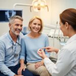 Smiling couple in a dental office, representing the benefits of dental implants and oral care
