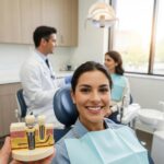 Smiling patient discussing dental implants with a dentist in a clinic