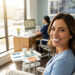 Smiling patient in a dental office, showcasing the benefits of dental implants