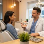 Smiling patient receiving dental consultation about implants in a cozy dental office