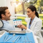 Smiling patient receiving post-implant care guidance in a dental clinic