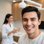 Smiling patient with dental implants in a modern dental office, showcasing confidence and satisfaction