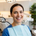 Smiling person with dental implants in a bright dental office, showcasing confidence and satisfaction