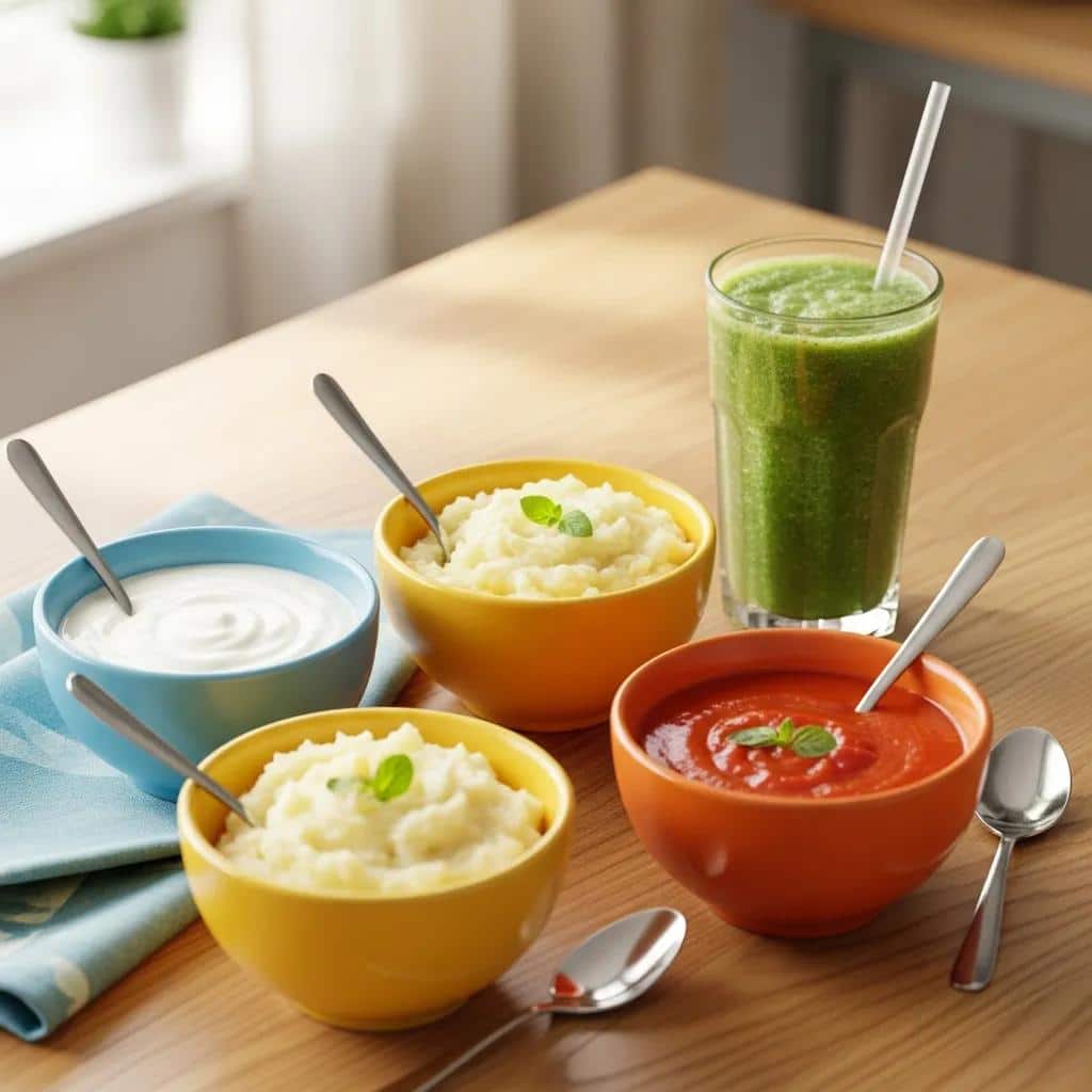 Soft foods for dental implant recovery including yogurt, mashed potatoes, and smoothies