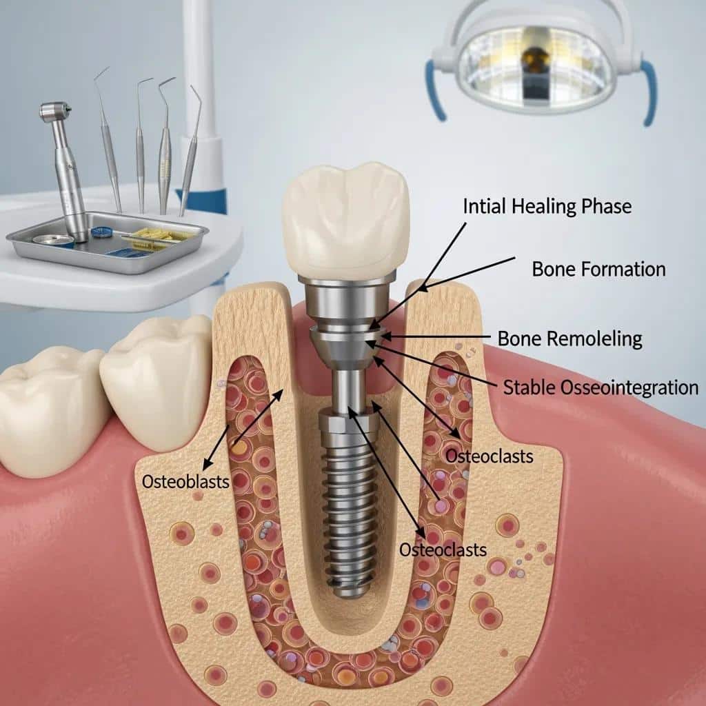 Stages of osseointegration in dental implants, showing the implant placement in a jawbone model