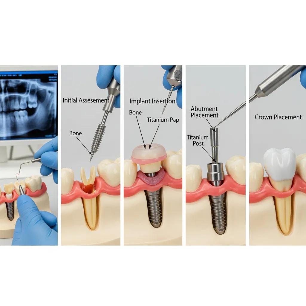 Diagram showing stages of dental implant placement with focus on titanium post and jawbone