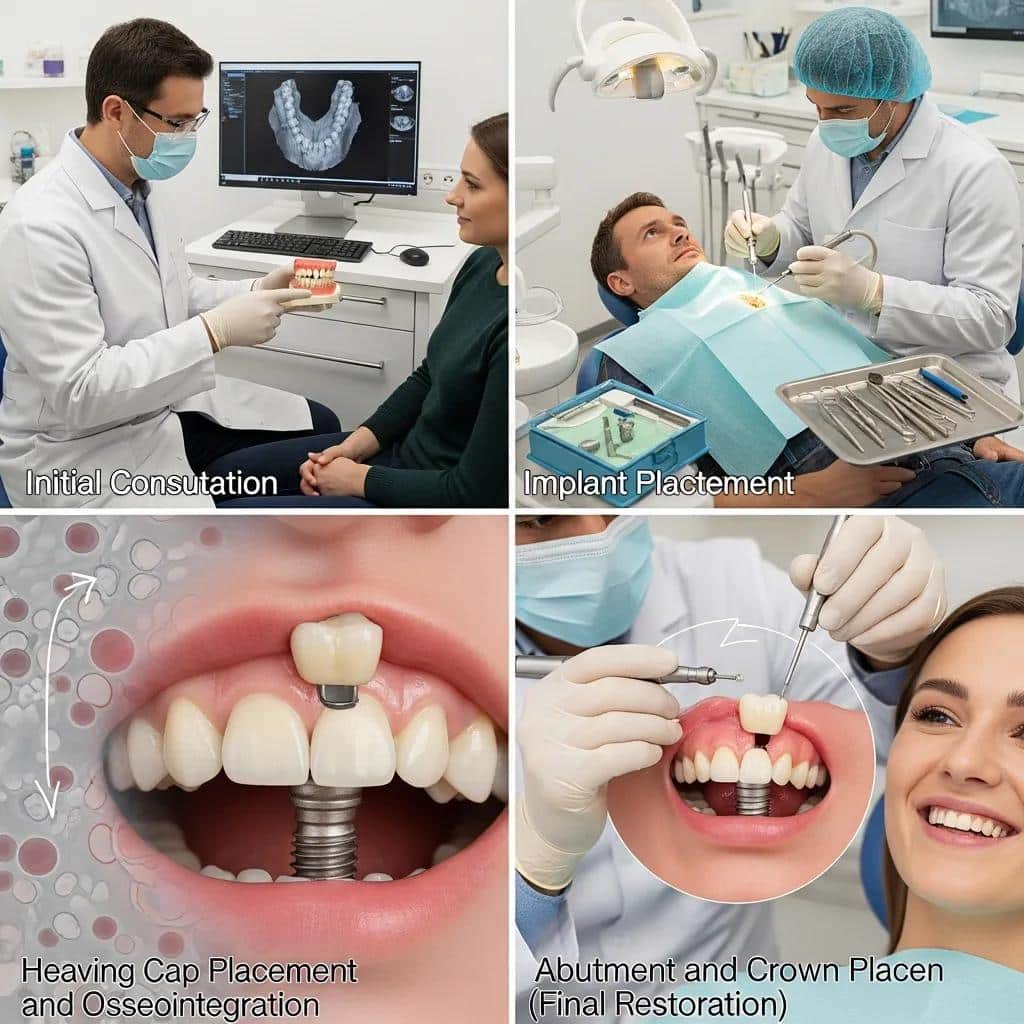 Illustration showing the stages of the dental implant process in a dental office
