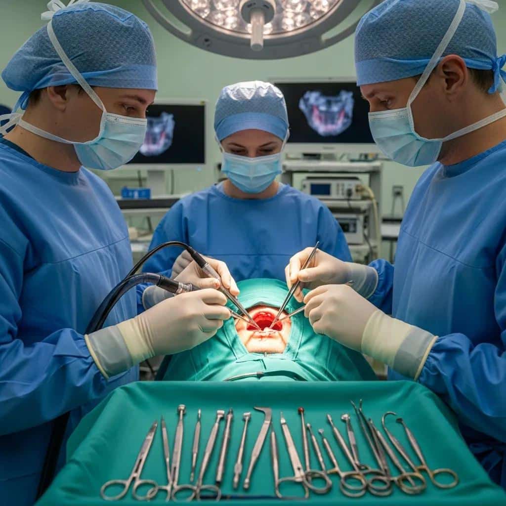 Surgical team performing dental implant revision in an operating setting