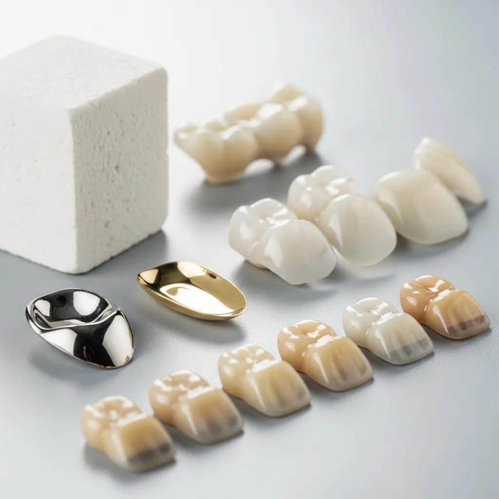 Variety of dental materials including zirconia, porcelain, gold, and composite, showcasing options for durable restorations
