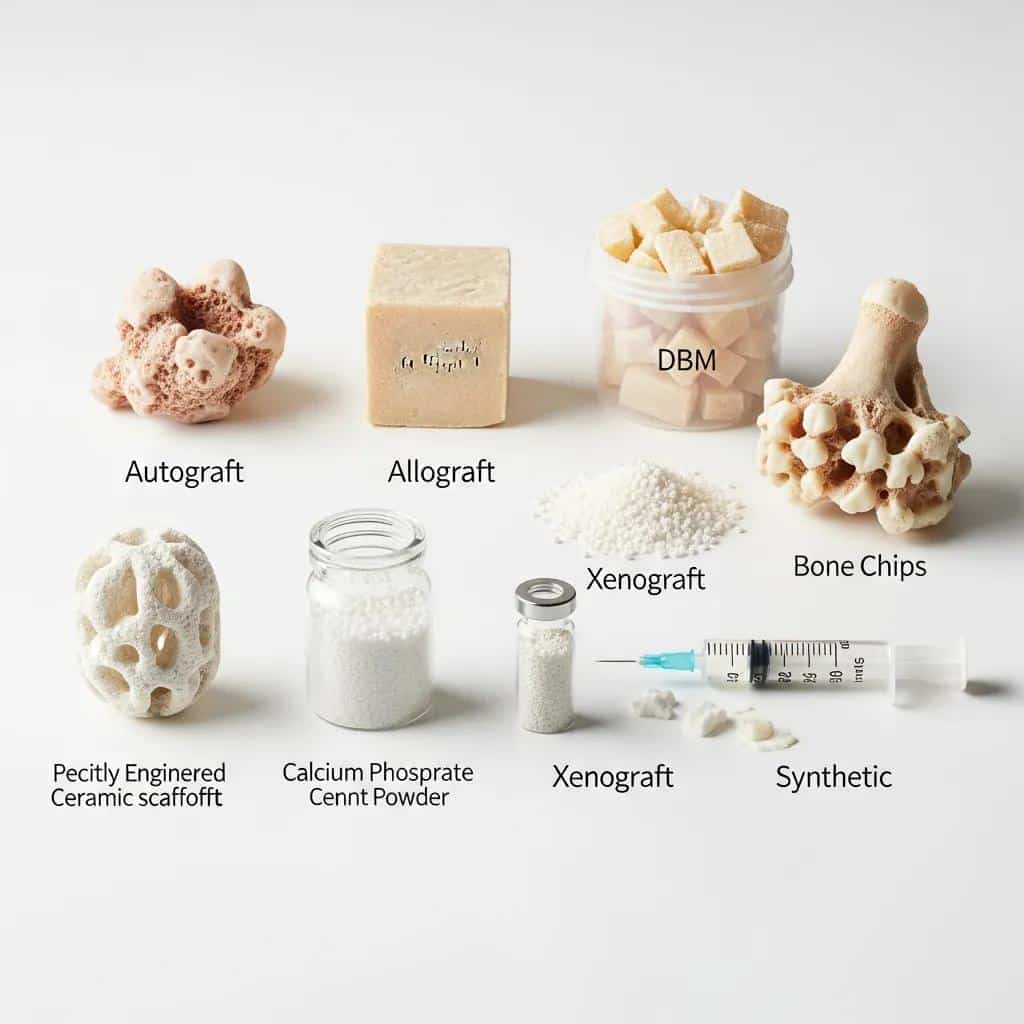Different bone grafting materials used for dental implants displayed neatly
