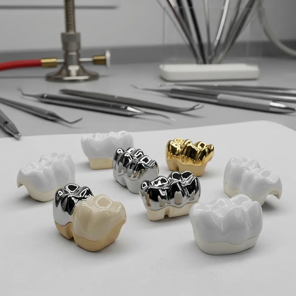 Various dental crown materials displayed on a dental workbench