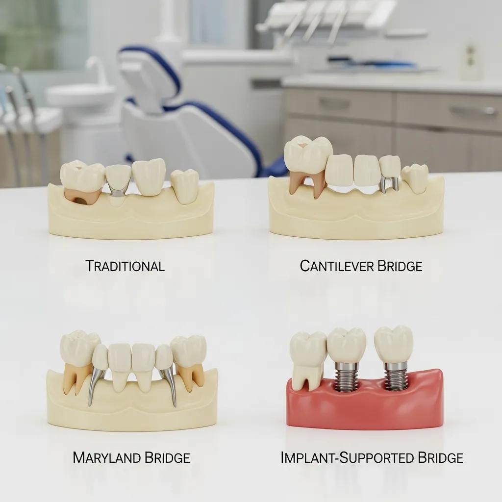 Diagram showing traditional, cantilever, Maryland, and implant-supported dental bridges