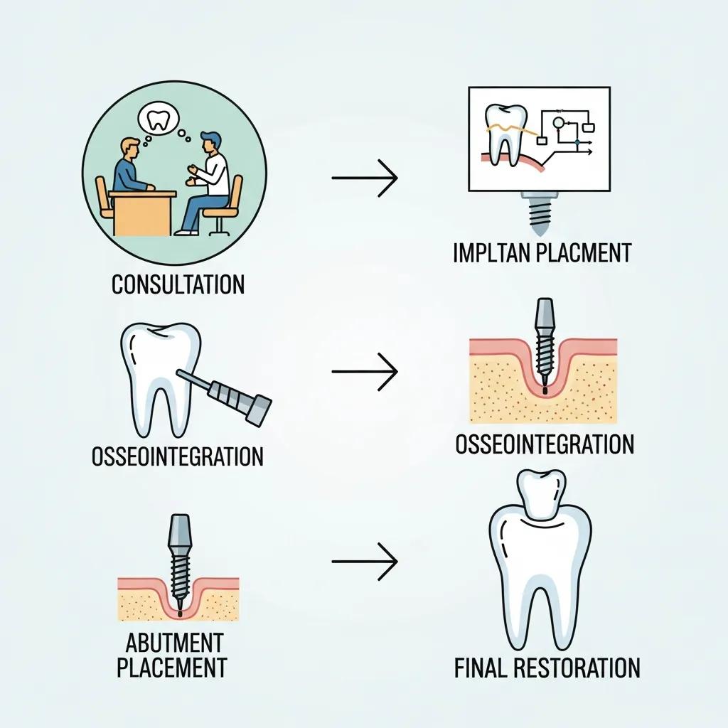 Visual representation of the dental implant journey from consultation to restoration, highlighting key steps