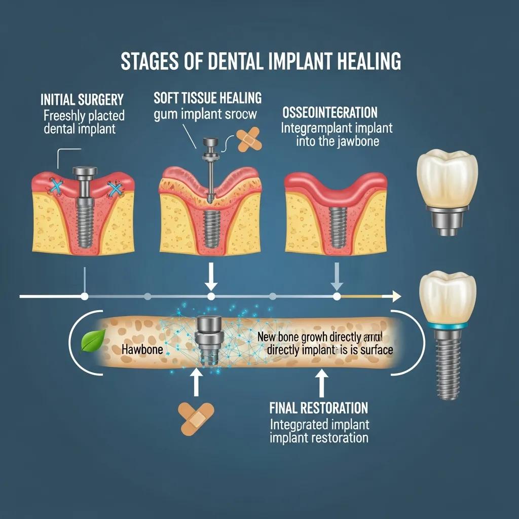 Visual representation of the stages of dental implant healing, illustrating the timeline from surgery to restoration