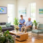 Welcoming dental clinic environment with a professional assisting a patient, highlighting dental care and recovery