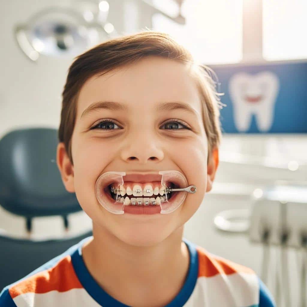 Child with palate expander in a dental office, highlighting orthodontic treatment