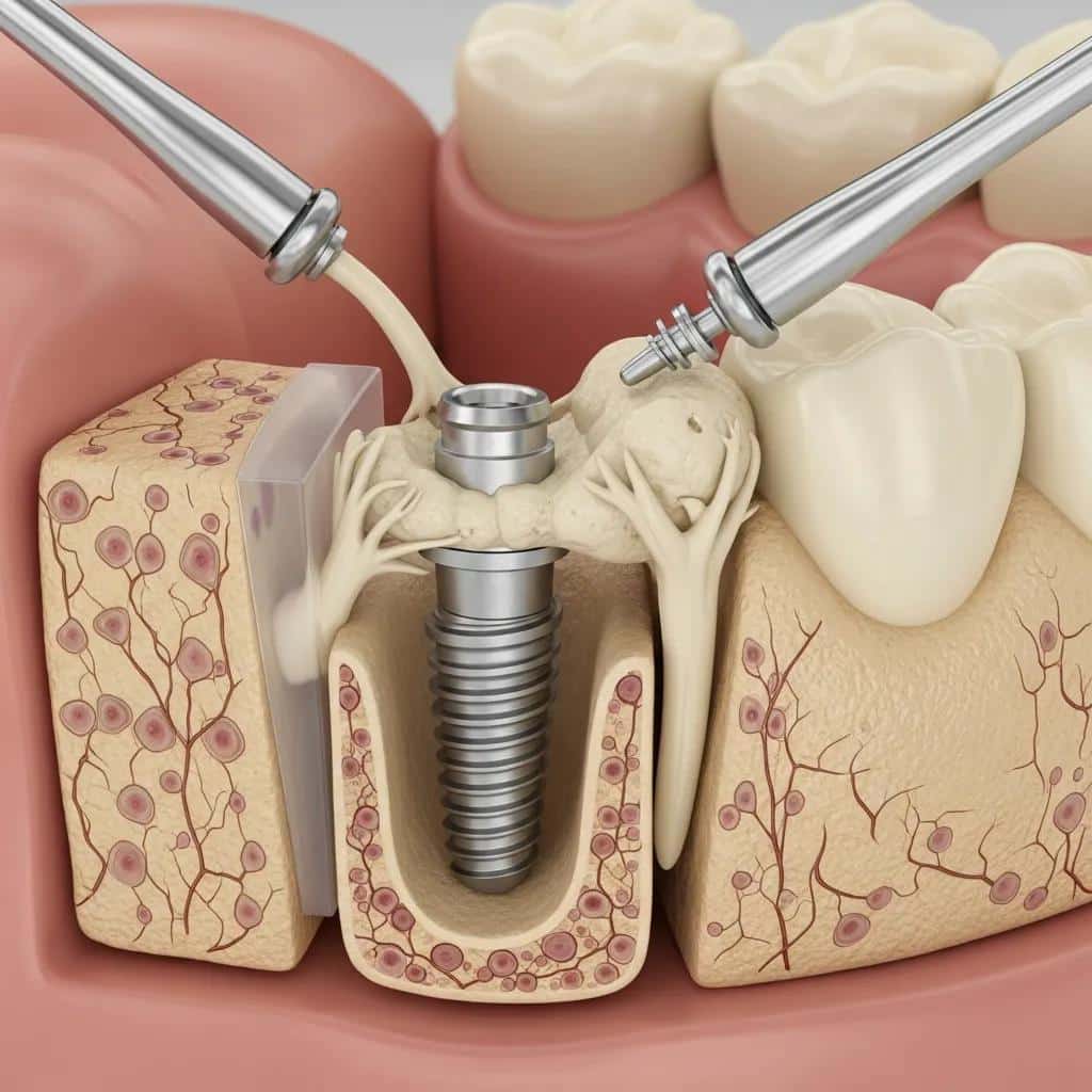 Close-up of a dental implant being placed into a jawbone model, illustrating osseointegration