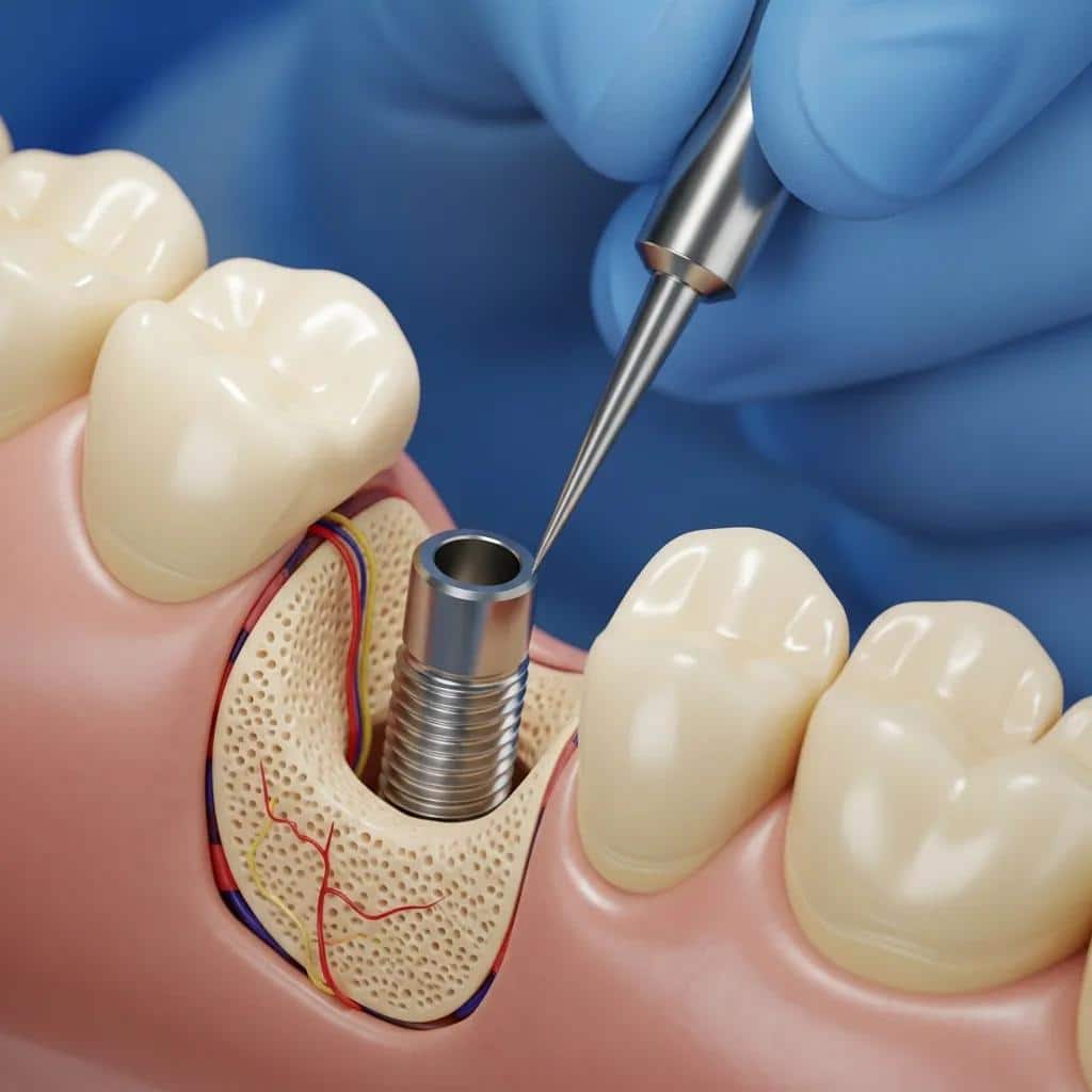 Close-up of a dental implant being placed into the jawbone, illustrating the osseointegration process