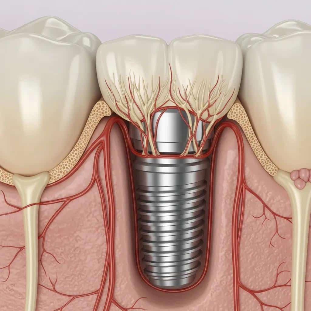 Close-up of a dental implant fusing with jawbone during osseointegration