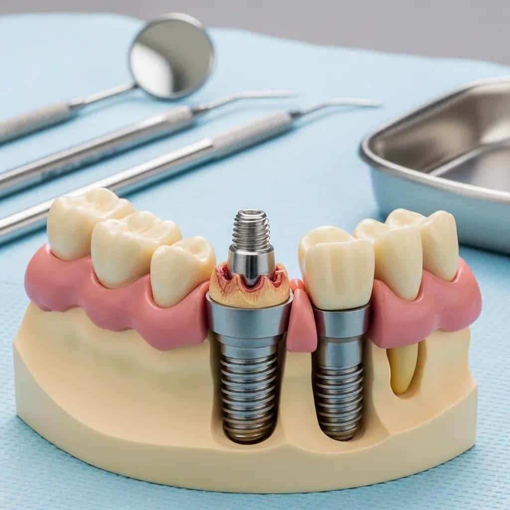 Close-up of a dental implant model highlighting failure factors in a clinical setting
