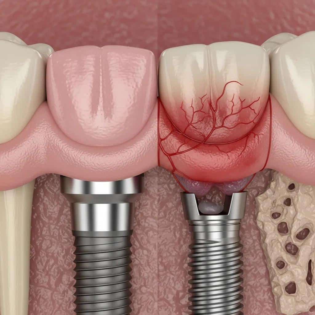 Close-up of a dental implant showing healthy versus inflamed gum tissue