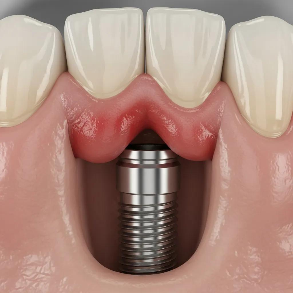 Close-up of a dental implant with inflamed gums showing signs of peri-implantitis