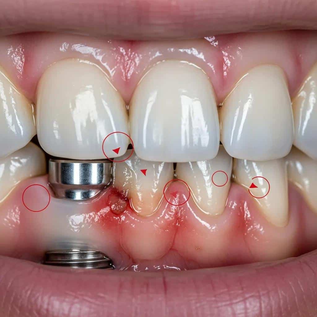Close-up of a dental implant showing signs of swelling and discomfort
