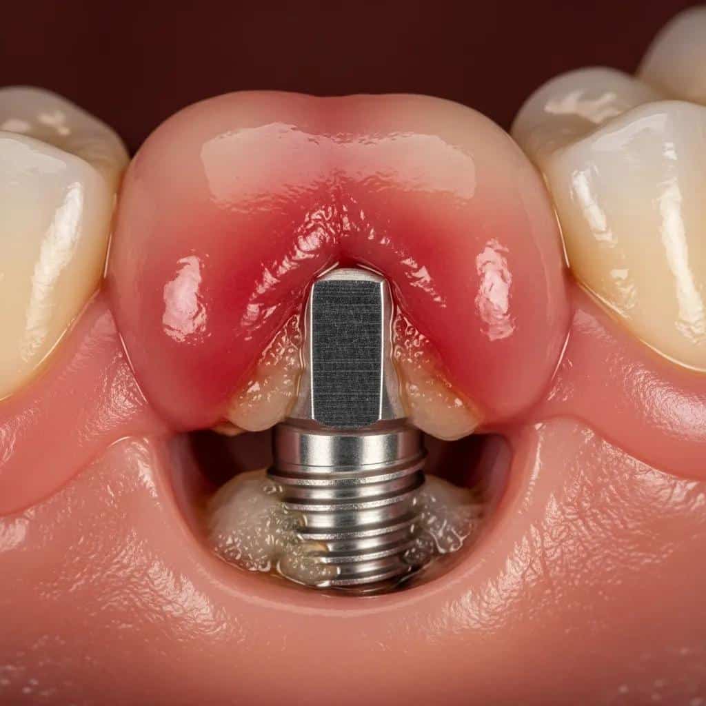 Close-up of a dental implant site showing signs of infection with redness and swelling