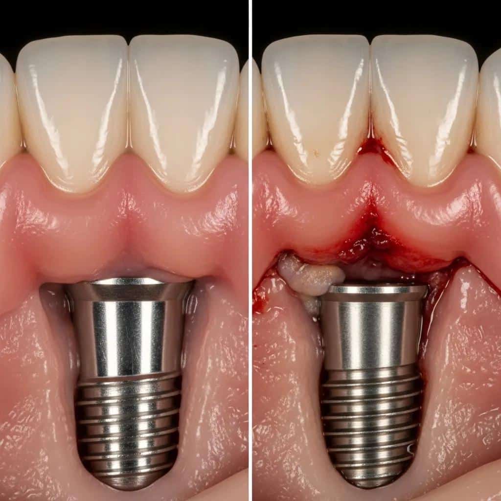 Close-up of a dental implant with healthy and inflamed gum tissue