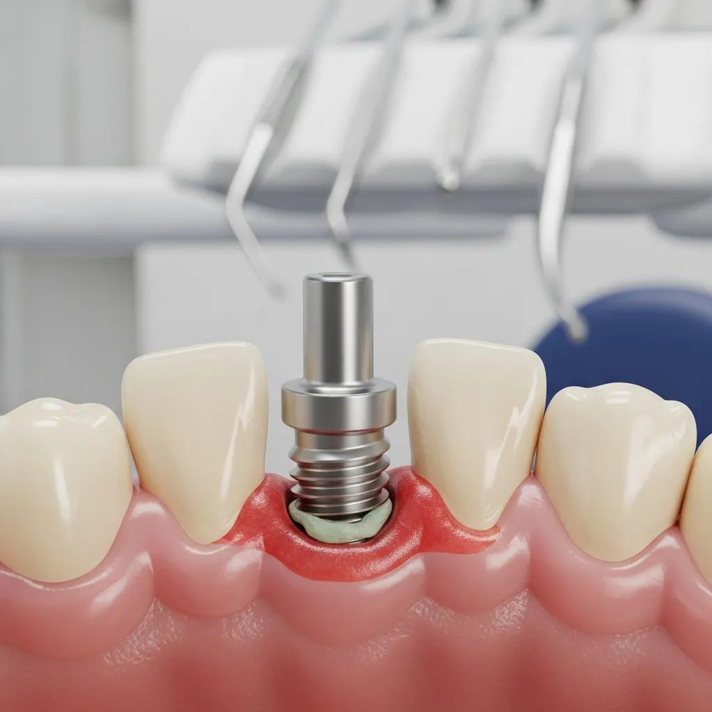Close-up of a dental implant and surrounding gum tissue showing inflammation signs