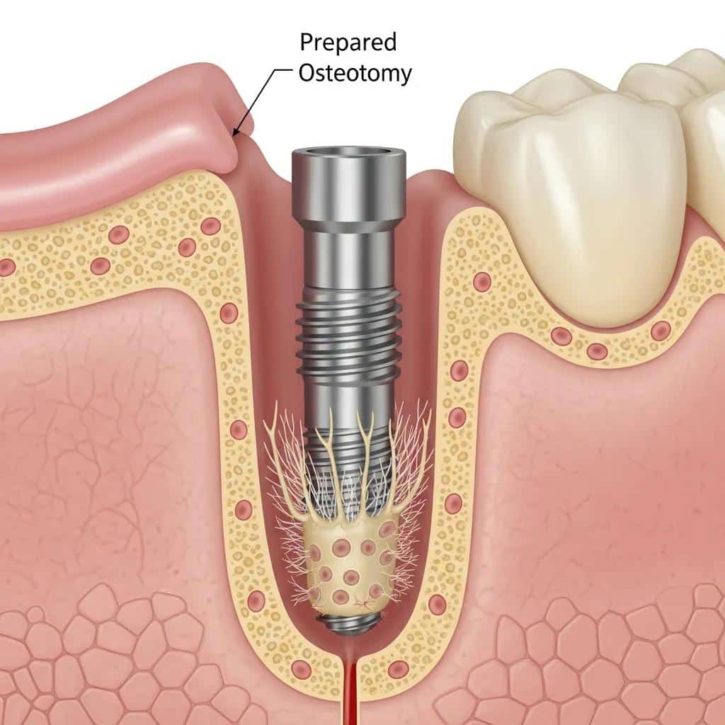 Close-up of dental implant being placed into jawbone, illustrating osseointegration process