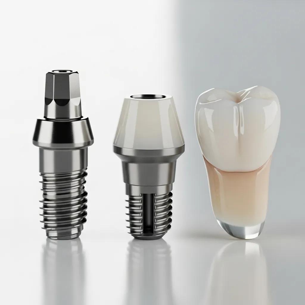 Close-up of dental implant components including titanium implant, abutment, and crown
