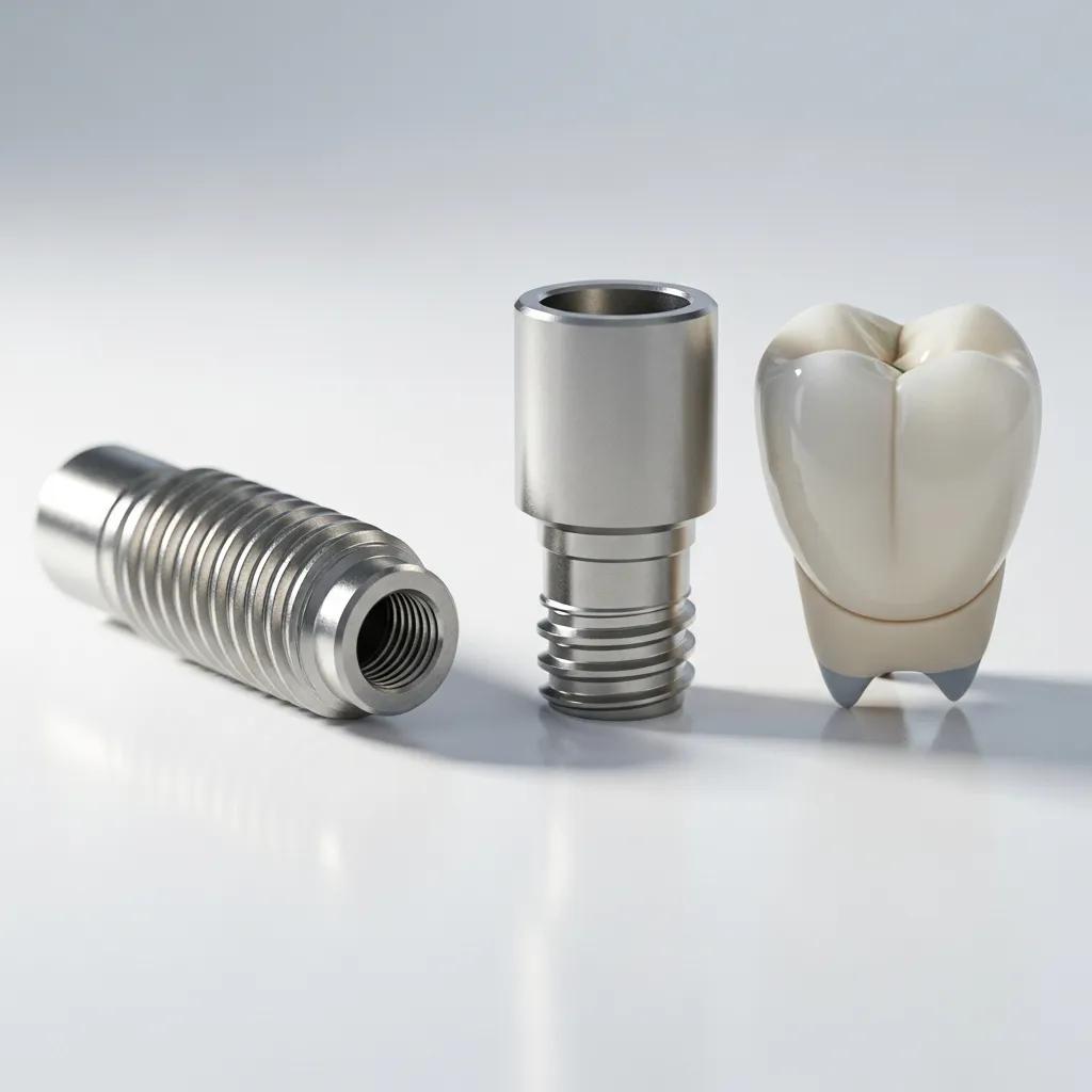 Close-up of dental implant components: post, abutment, and crown