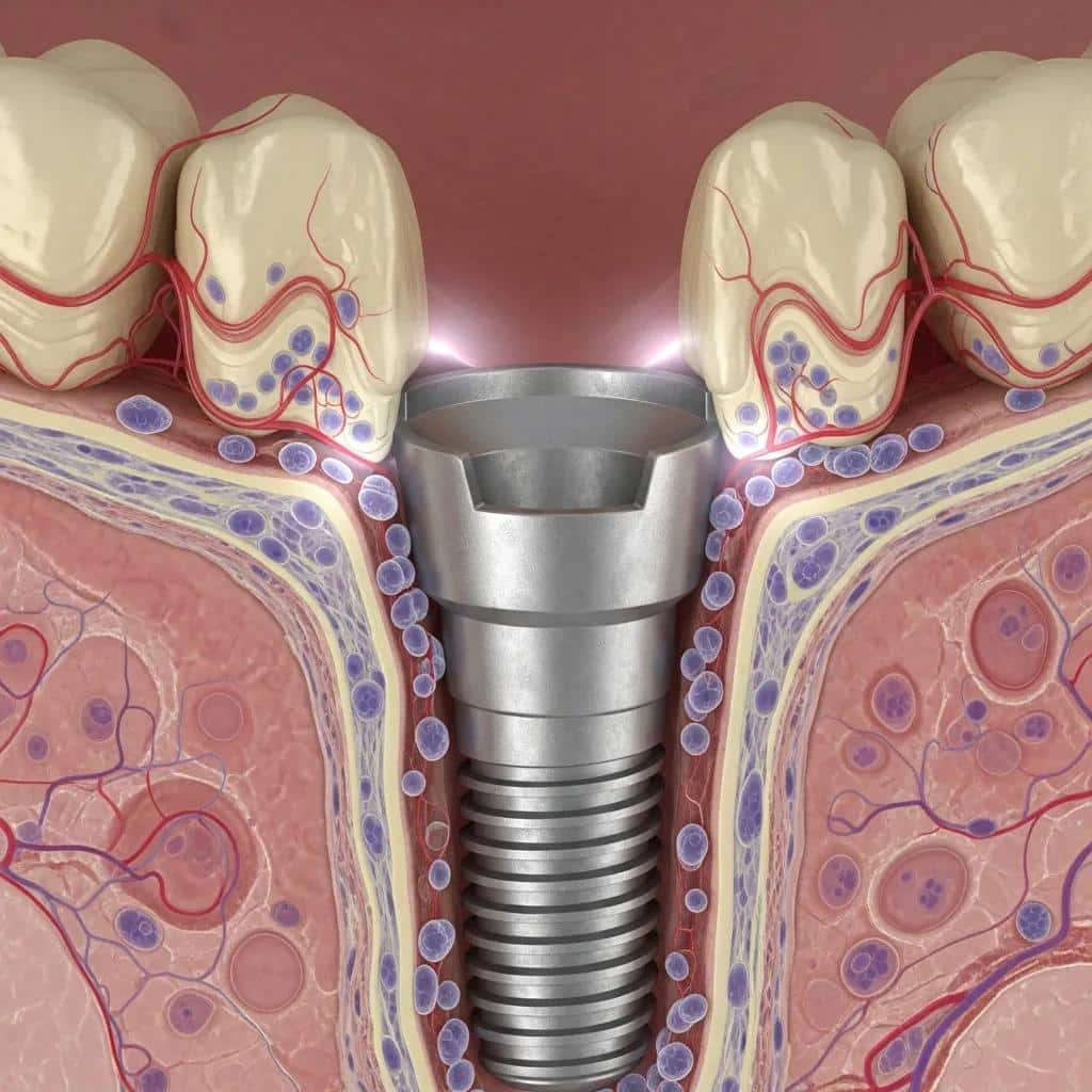 Close-up of dental implant integrating with jawbone, illustrating osseointegration process