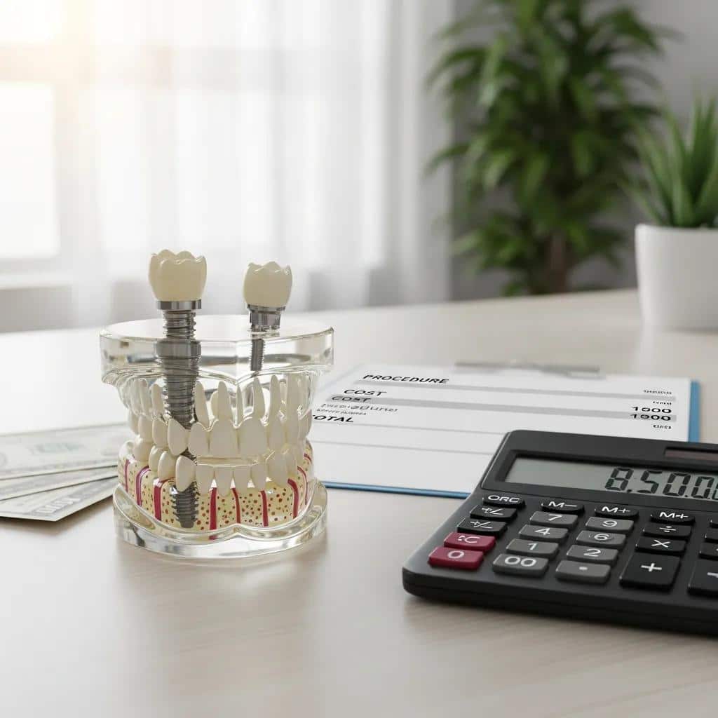 Close-up of dental implant model with financial documents representing costs