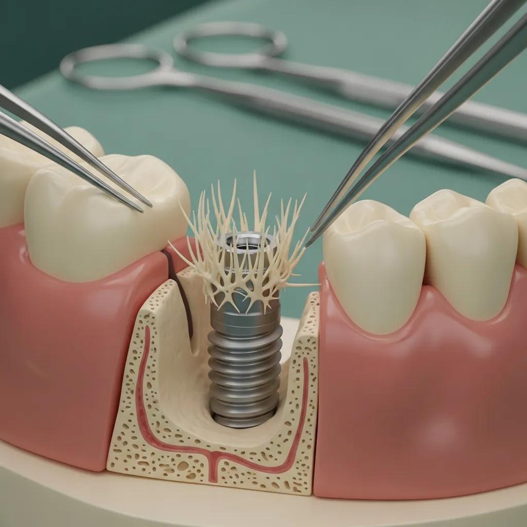 Close-up of dental implant placement in jawbone model, illustrating osseointegration