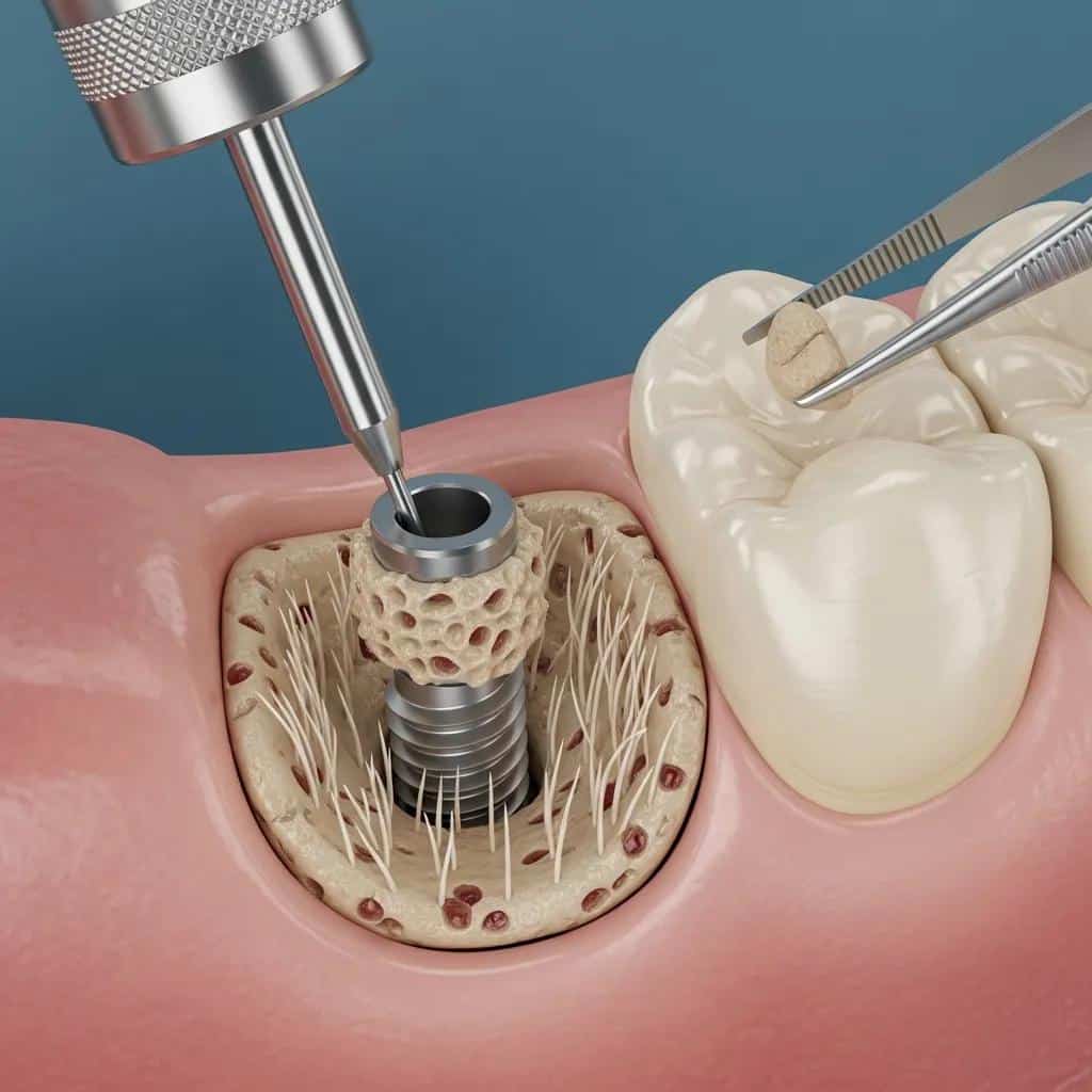 Close-up of dental implant post being placed into jawbone during osseointegration