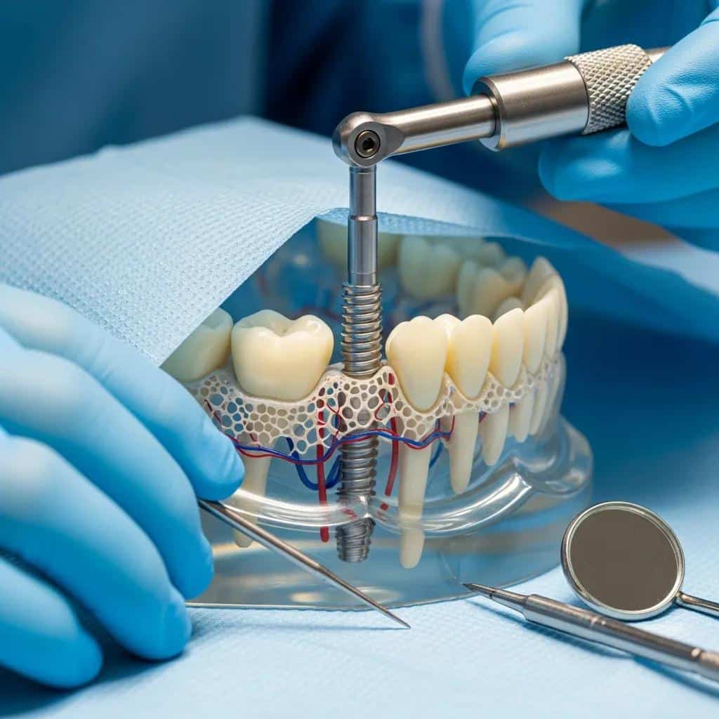 Close-up of dental implant post in jawbone model, illustrating osseointegration