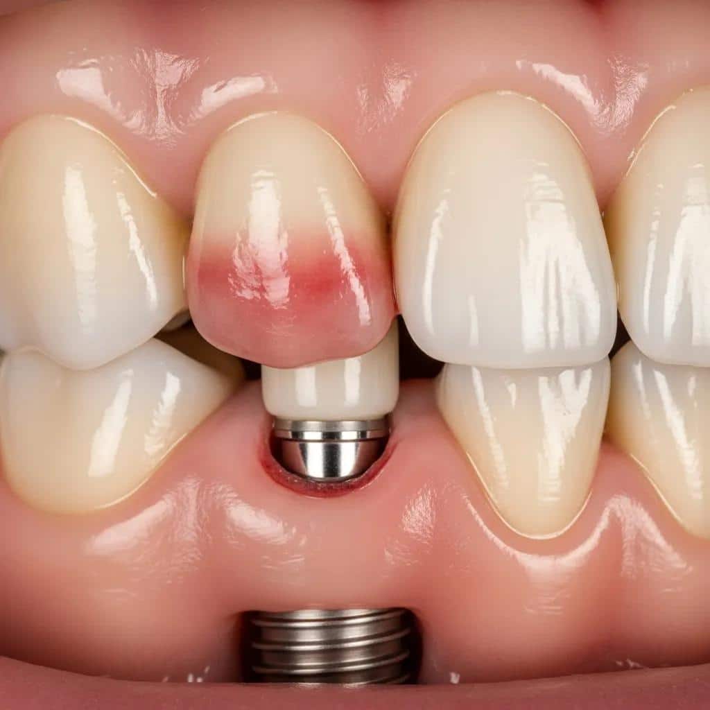 Close view of gums around a dental implant showing mild swelling and redness