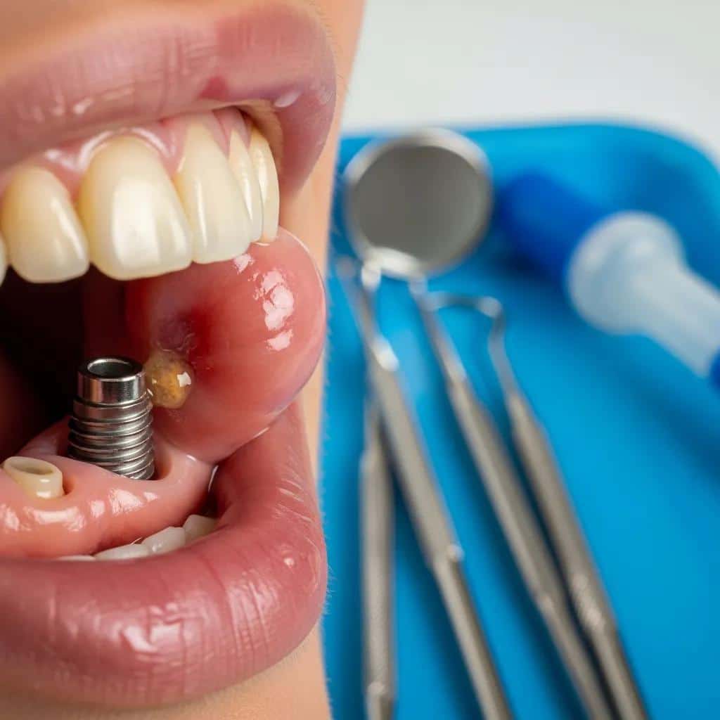 Close view of a dental implant area showing mild swelling and redness — examples of signs to watch for