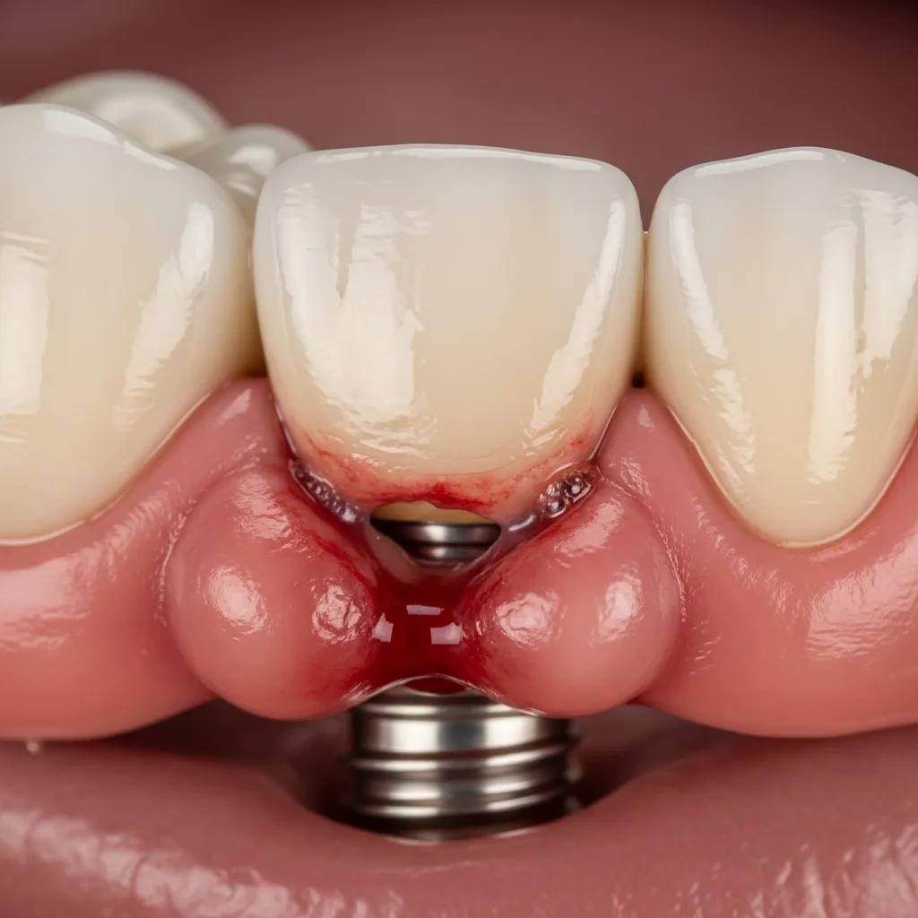 Inflamed gum tissue around a dental implant showing signs of peri-implantitis