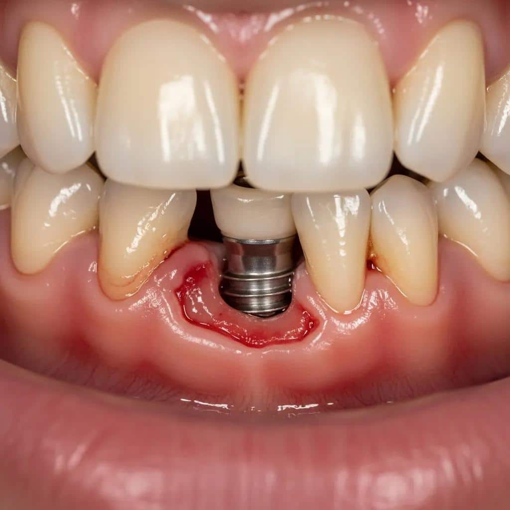 Close-up of implant area showing inflamed gums and warning signs