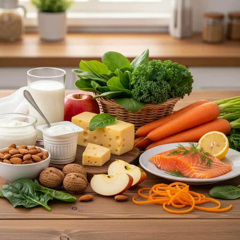 Colorful display of healthy foods like dairy, leafy greens, and fatty fish, promoting dental health and nutrition