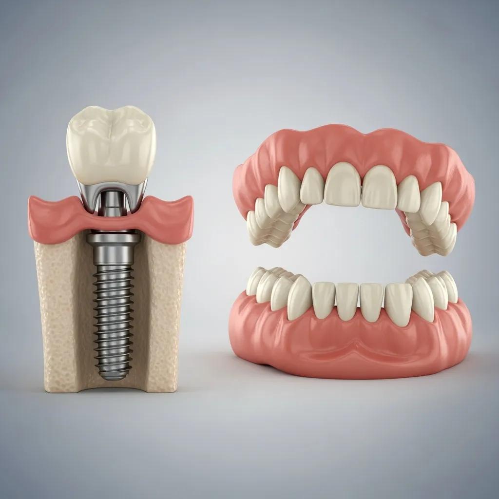 Comparison of dental implants and dentures, showcasing stability and aesthetics differences